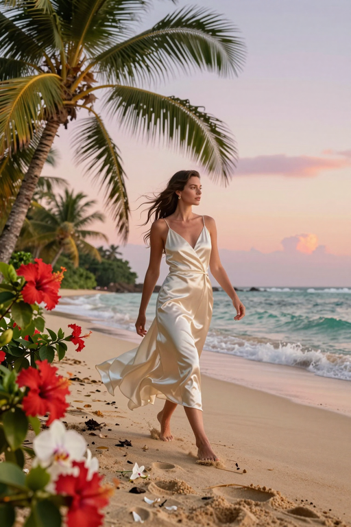 A woman in a white satin dress walks along a tropical beach at sunset.