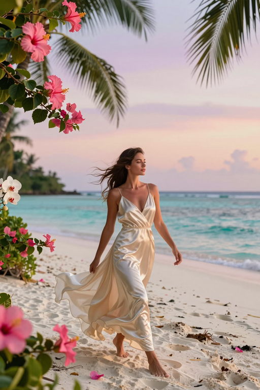 A woman in a flowing satin dress walks along a tropical beach at sunset.
