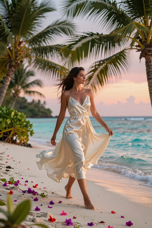 An elegant woman in a white satin dress walks along a tropical beach at sunset.