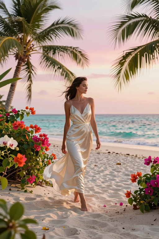 An elegant woman in a flowing white dress walks along a tropical beach at sunset.