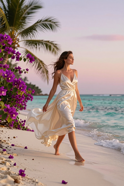 A woman in a flowing white dress walks along a tropical beach at sunset.