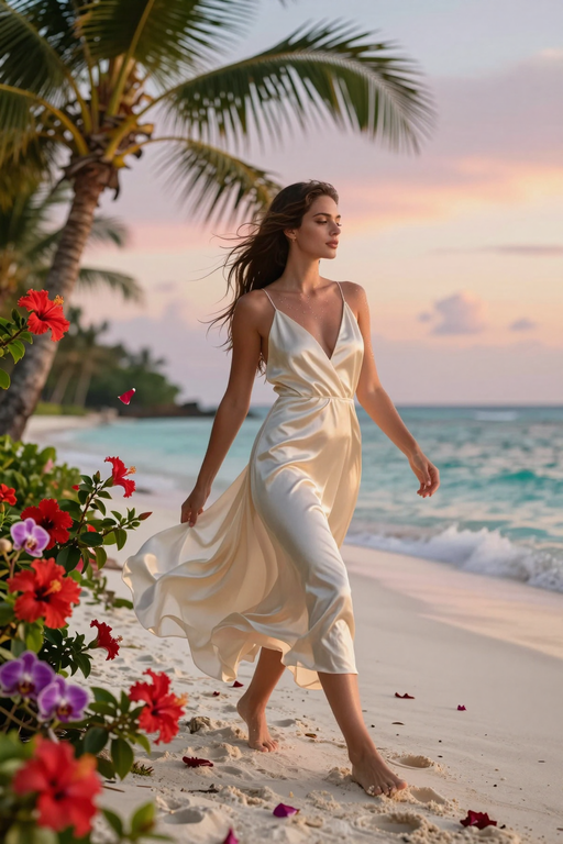An elegant woman in a white satin dress walks along a tropical beach at sunset.