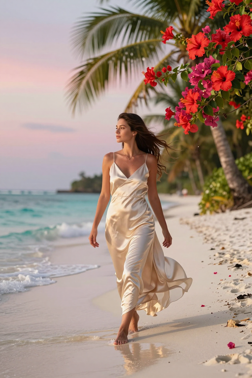 A woman in a flowing satin dress walks along a tropical beach at sunset.
