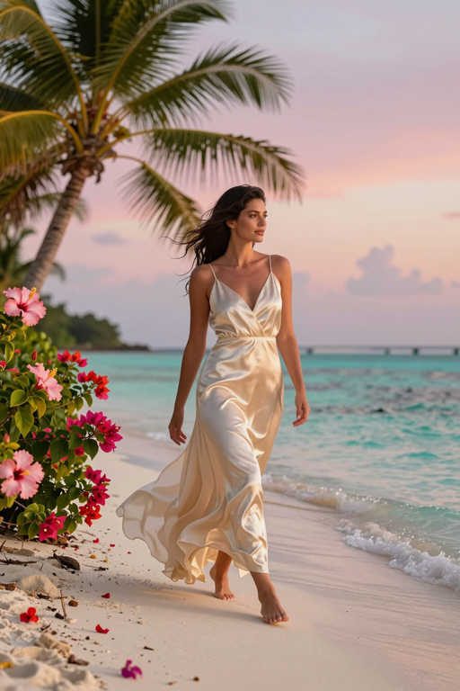 An elegant woman in a flowing cream dress walks along a tropical beach at sunset.