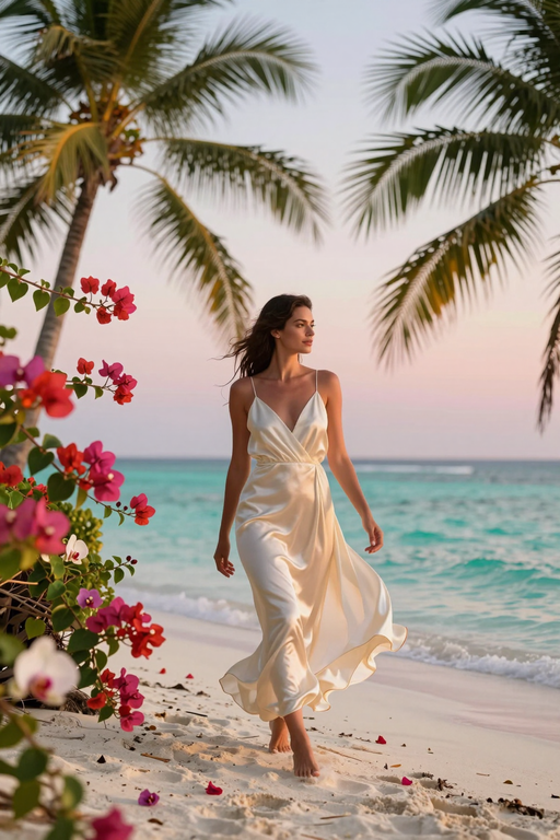 An elegant woman in a flowing white dress walks along a tropical beach at sunset.