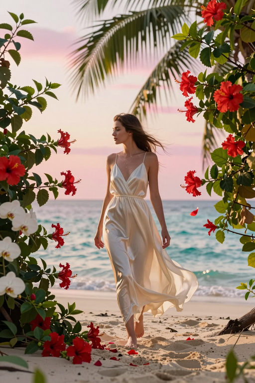 Eine Frau in einem fließenden weißen Kleid geht bei Sonnenuntergang an einem tropischen Strand entlang.