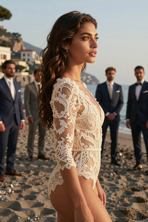 A beautiful woman in a white lace outfit poses on a sandy beach.