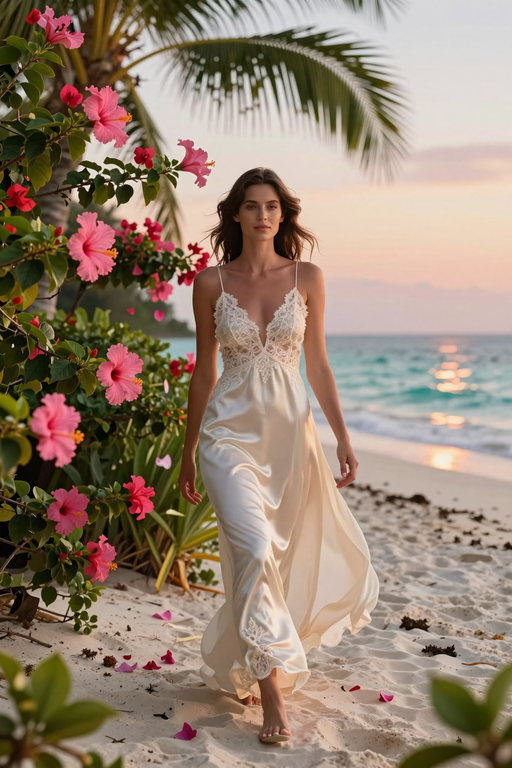 A woman in a white satin dress walks along a tropical beach near blooming hibiscus flowers.