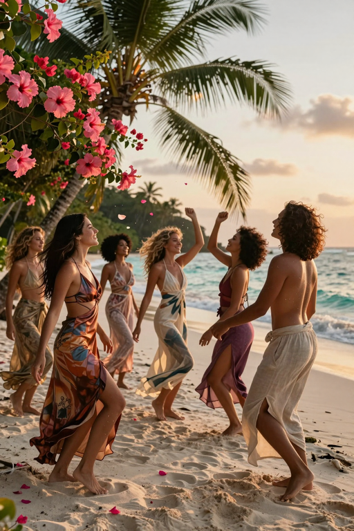 A group of happy women dancing together on a tropical beach at sunset.