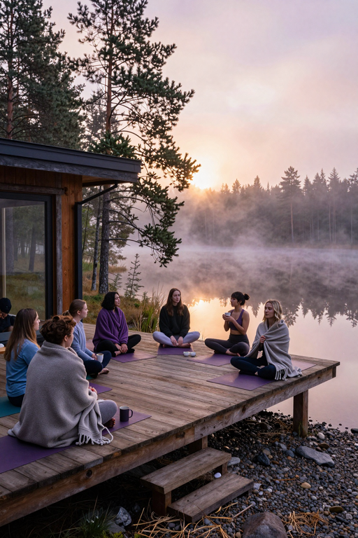 A group of women sitting on yoga mats by a misty lake at sunrise.