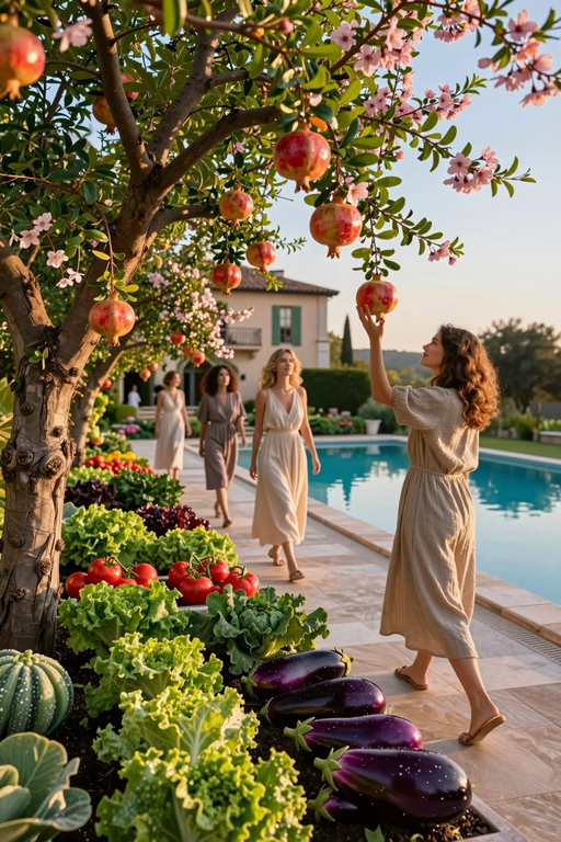 Three women enjoy a sunny day in a lush garden filled with ripe pomegranates and fresh vegetables.