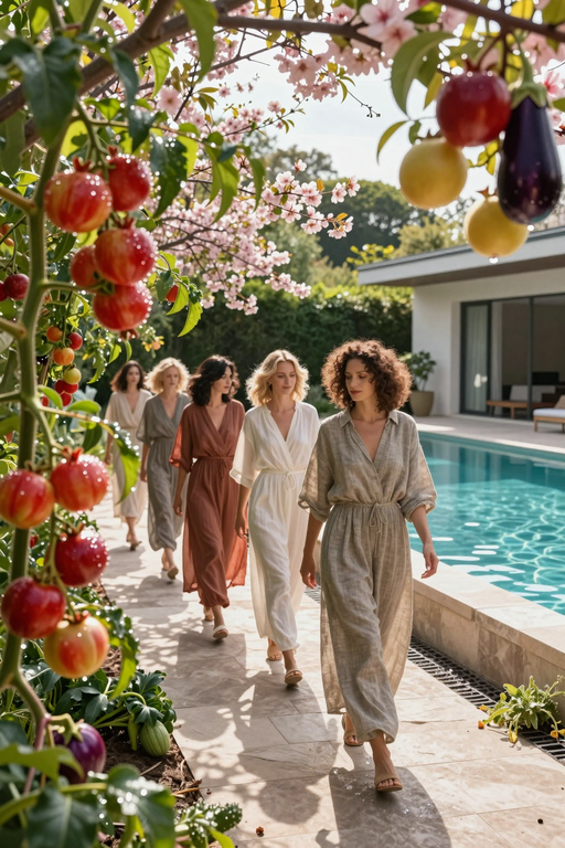 A group of women walking together along a poolside path in elegant summer dresses.