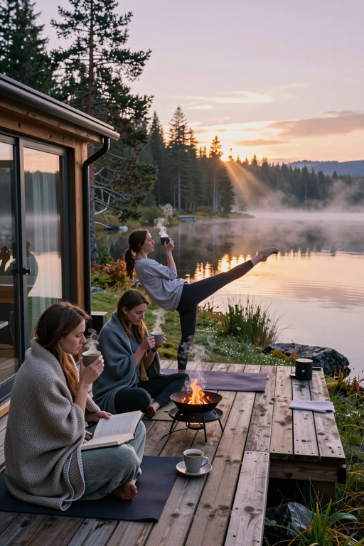 Three women enjoy a peaceful morning by a misty lake with yoga and coffee.